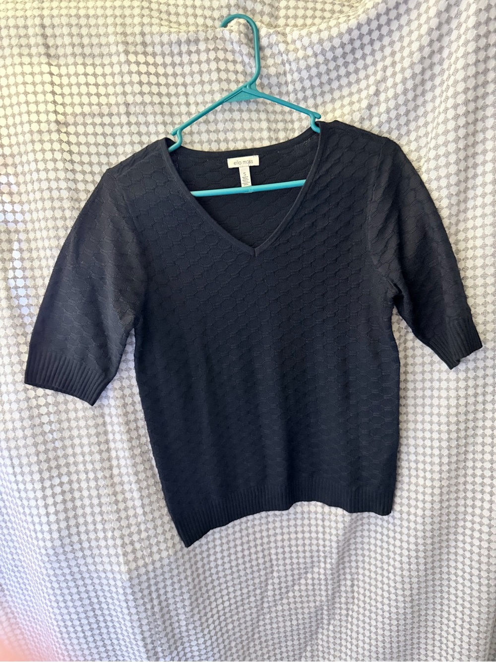 Ella Moss Navy Textured V-Neck Short Sleeve Sweater